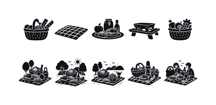 Collection of simple black and white picnic icons for outdoor leisure and food