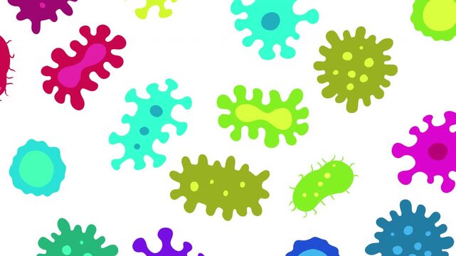 Collection of colorful cartoon bacteria and germ elements for 2D animation sprite sheets. Multi colored microorganisms like amoebas and pathogens on white background