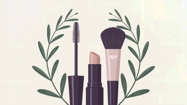 Creative arrangement of makeup items with decorative green leaves framing the composition