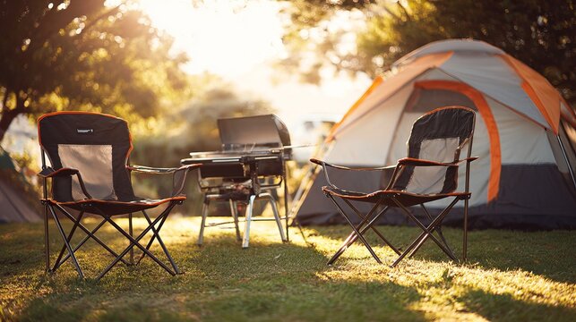 Two folding camping chairs placed near a portable grill outside a tent during a sunny day at a summer campground