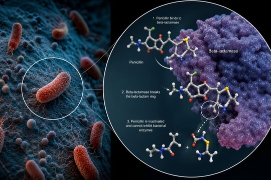 3d illustration of bacteria escaping a cloud of antibiotic molecules, with mutation symbols and resistance mechanisms like efflux pumps or enzymes, perfect for microbiology and public health