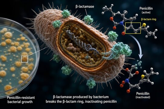 3d visualization of antibiotic resistance showing bacteria surviving antibiotic attack, with resistant microbes multiplying while sensitive ones die, representing superbugs and treatment failure