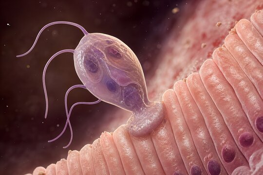 Detailed medical illustration of giardia lamblia parasites attaching to the surface of an intestinal wall, representing protozoan infection and gastrointestinal disease