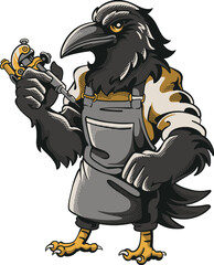 Naklejka premium Full-body cartoon raven tattoo artist mascot wearing an apron and gloves, holding a tattoo machine in bold vintage studio illustration style
