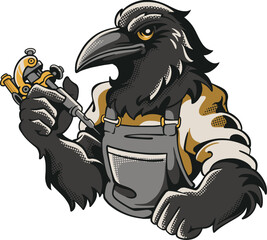 Naklejka premium Cartoon raven tattoo artist mascot shown from the waist up, wearing an apron and gloves while holding a tattoo machine in vintage studio style