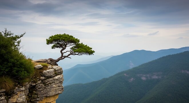 Lone tree growing on a rocky cliff edge with mountain range in background