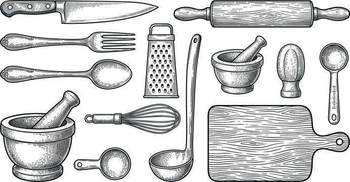 Collection of vintage kitchen utensil and cooking tool icons including knife rolling pin mortar and pestle for restaurant and culinary design