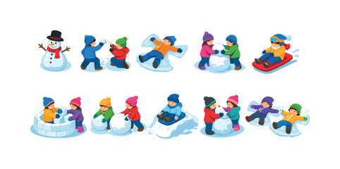 Obraz premium Children enjoying various winter activities like building snowmen and sledding