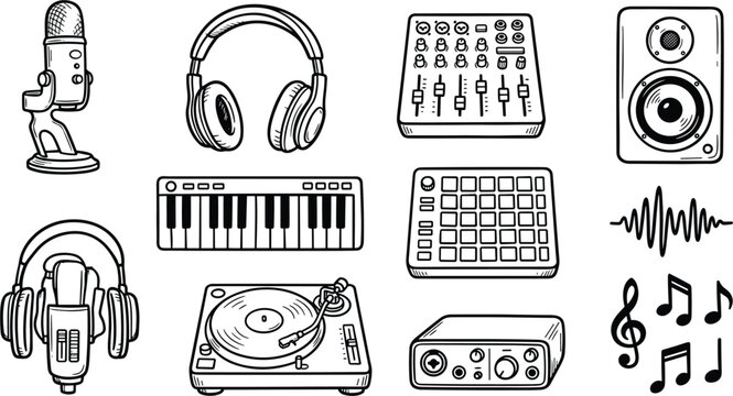 Collection of hand drawn music production and podcasting icons including microphone headphones mixer and turntable for audio recording studio design
