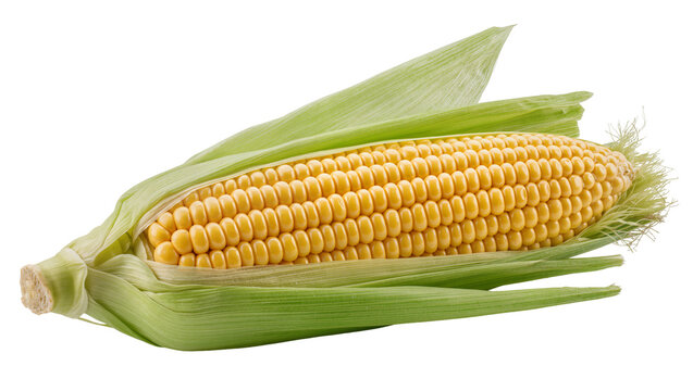 Fresh yellow corn cob with green husks, isolated on transparent background