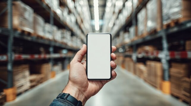 Warehouse worker holding an empty white screen mobile phone in a large storage facility