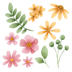 Obraz premium Flowers and leaves digital illustration, spring design, watercolor hand painting. Perfectly for printing, sublimation. 