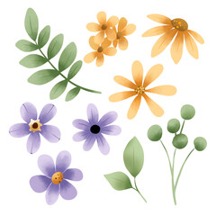 Obraz premium Flowers and leaves digital illustration, spring design, watercolor hand painting. Perfectly for printing, sublimation. 