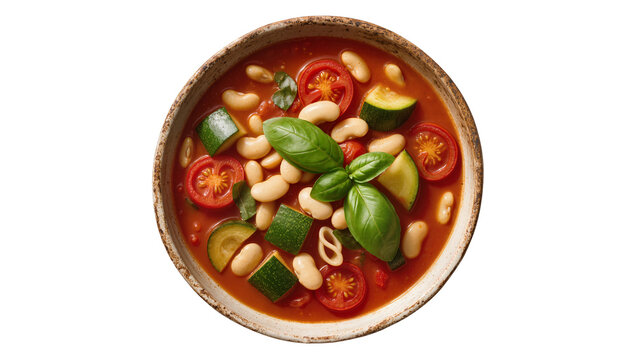 Hearty minestrone soup with cannellini beans zucchini tomatoes and basil, isolated on transparent background