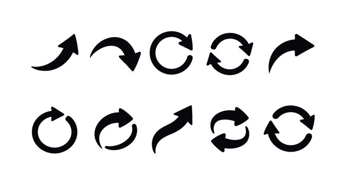 Collection of diverse black arrow icons indicating direction and movement on a white background