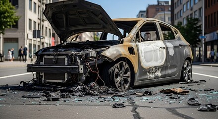 Naklejka premium Urban Devastation - Charred Car Wreckage on City Street Amidst Aftermath.