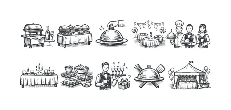 Hand-drawn illustrations of catering services, banquets, and food service events