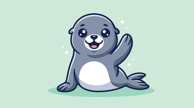 Adorable Gray Cartoon Seal Pup Waving Flipper Vector Illustration.