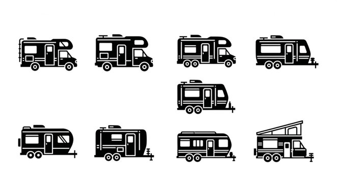 Collection of diverse recreational vehicles and campers in silhouette.