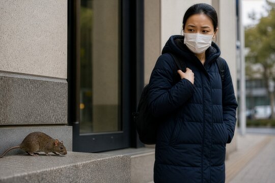Shadow of contagion casts a chill as masked woman spies a rodent on urban ledge
