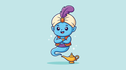 Naklejka premium Cute Blue Genie Character With Magic Lamp.