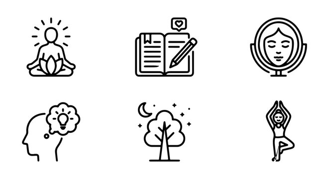 Mindfulness Meditation Yoga Icons, Self-Care Journaling, Personal Growth Concepts, Night Tree Nature, Vector Set