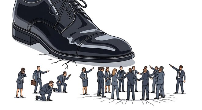 Large black shoe crushing small figures concept illustration