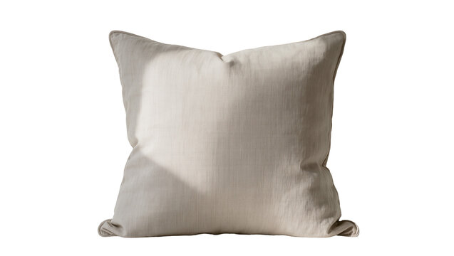 Soft beige linen cushion with subtle texture, isolated on transparent background