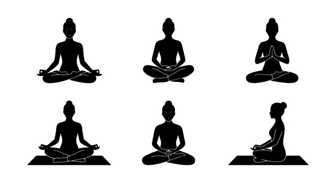 Yoga Poses Silhouettes, Meditation Icons Set, Zen Mindfulness Figures, Lotus Position Vector Collection