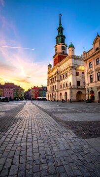 A serene city square at sunset with a historic building