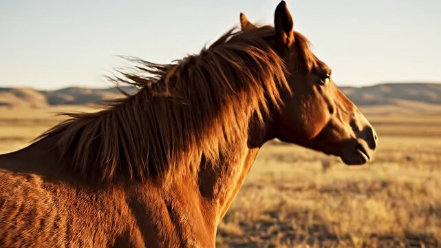Majestic chestnut equine with flowing mane in golden hour light traversing a vast, sun-drenched prairie landscape against a hazy horizon with rolling hills