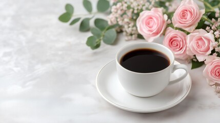 Obraz premium A delicate white cup filled with steaming coffee sits on a saucer beside a bouquet of soft pink roses and lush greenery. This scene evokes calm and elegance