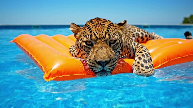 Unique jaguar enjoying a summer vacation, floating on an orange inflatable raft in a swimming pool. Perfect for themes of luxury travel, relaxation, exotic animals, humor, and summer leisure and fun.