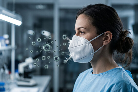 Woman wearing n95 respirator mask blocking airborne virus particles