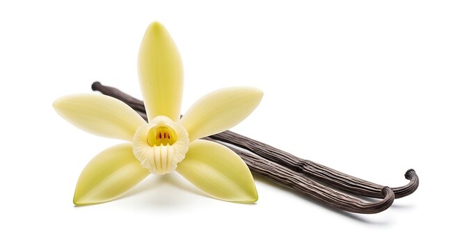 Vanilla Bean and Flower Isolated on White Background.