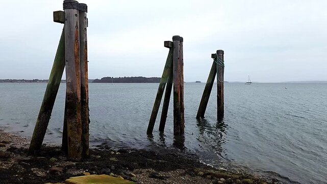 Old pylons on Casco Bay Portland, Me
