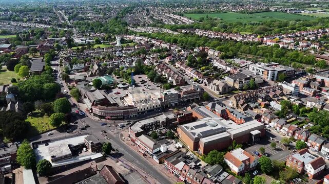 Aerial view of a busy intersection near Upminster train station on a clear, sunny day