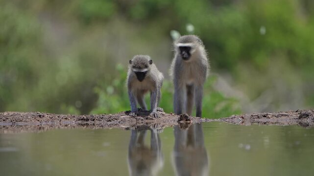 Wide shot of two Vervet monkeys standing at the edge of a small waterhole in front of an underground hide. Before bending down to drink. Filmed from a low angle, Greater Kruger.