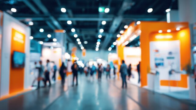 Wide shot of an exhibition hall filled with colorful booths and visitors exploring the displays