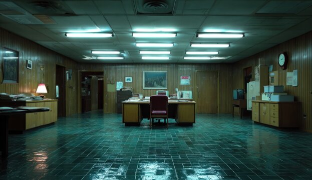 Wide shot of an empty office room featuring dark green tiled flooring, wooden furniture, and fluorescent ceiling lights creating a slightly dim atmosphere