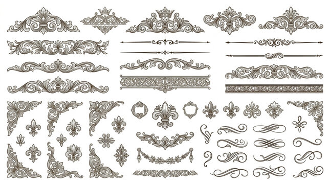 Collection of Ornate Decorative Flourishes and Borders Vector Elements.