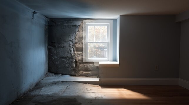 Dim basement room with exposed stone foundation, single window letting in light, concrete floor and unfinished wall - basement remodeling potential.