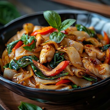 Thai fried noodle drunken noodles pad kee mao spicy basil glossy texture authentic Thai cuisine close up shot high detail photography