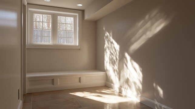 Basement interior with egress window installation showing window well, daylight, finished wall and floor indicating safe emergency escape and light access.