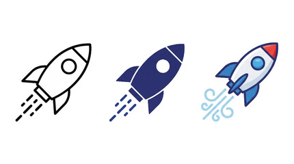 Rocket icon set isolated on transparent background. Rocket ship launch graphic for startup business concept. Outline, solid, and colored rocket vector icons set.  © bikram