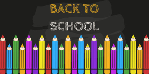 Back to School minimal horizontal Banner design. Vector Back to School concept with colorful pencil charcoal bold text and dirty blackboard background. EPS 10 © Svetlana