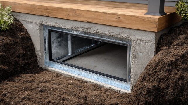 Concrete egress window well installation at foundation with open window for basement escape and light.