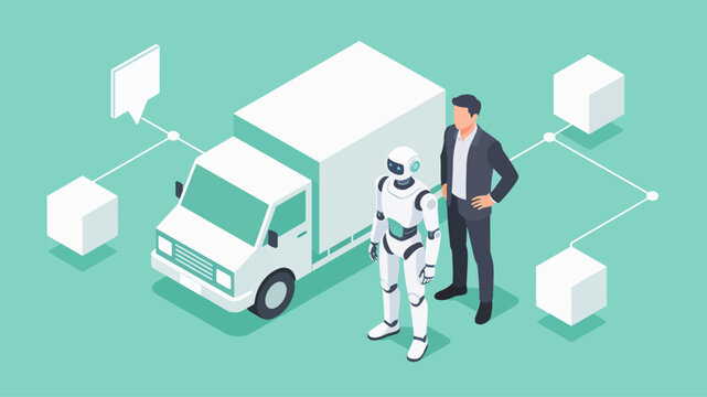 Smart logistics future Businessman and AI robot manage delivery, illustrating automated supply chain and advanced technology for efficient transport