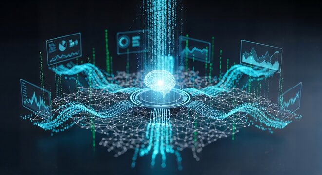 Abstract Neural Network processing data streams with glowing connections during digital transformation