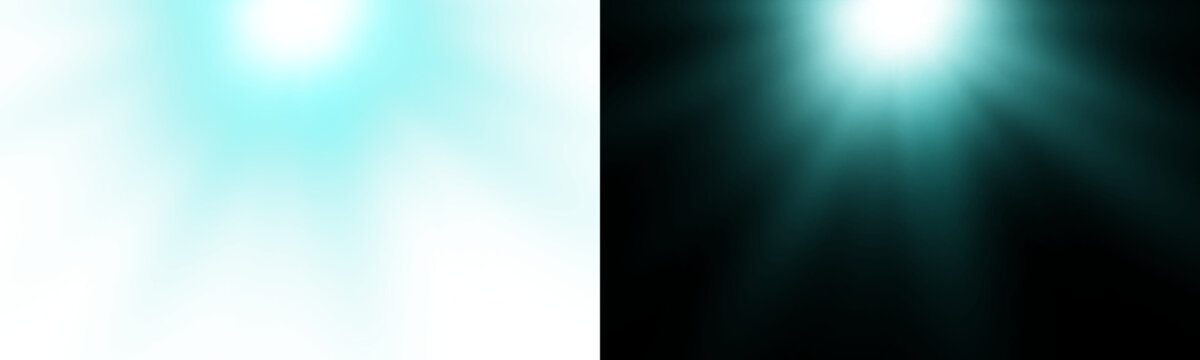 Turquoise glowing sun rays with realistic flare and soft radiant illumination on split background. Vibrant cyan overlay with cinematic beam effect.